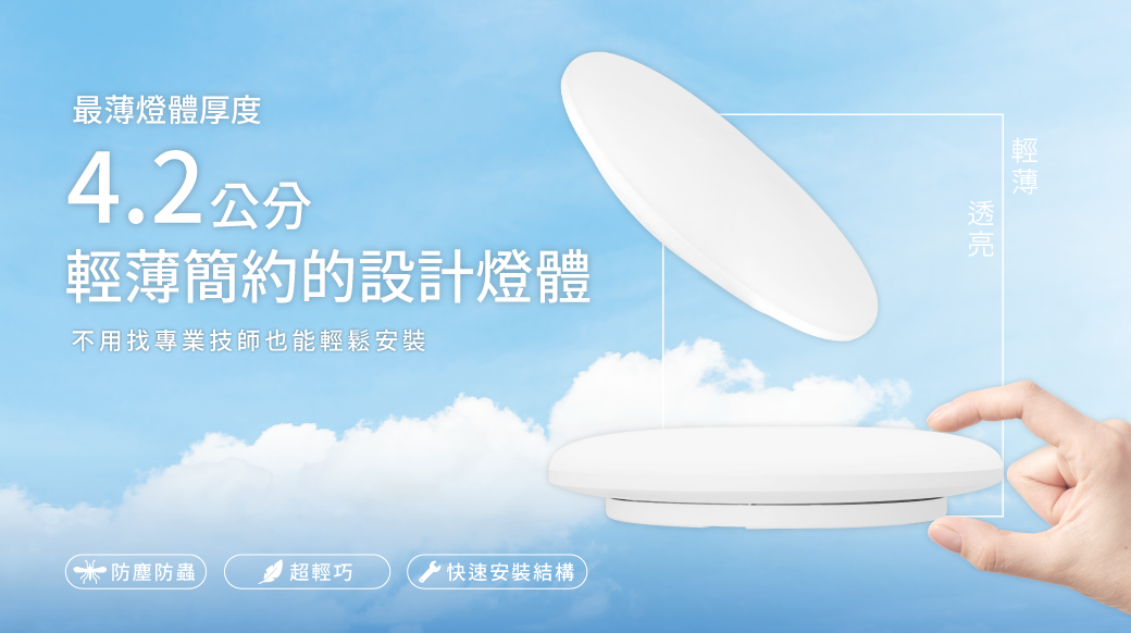 雲朵吸頂燈輕薄外型與燈體側面示意