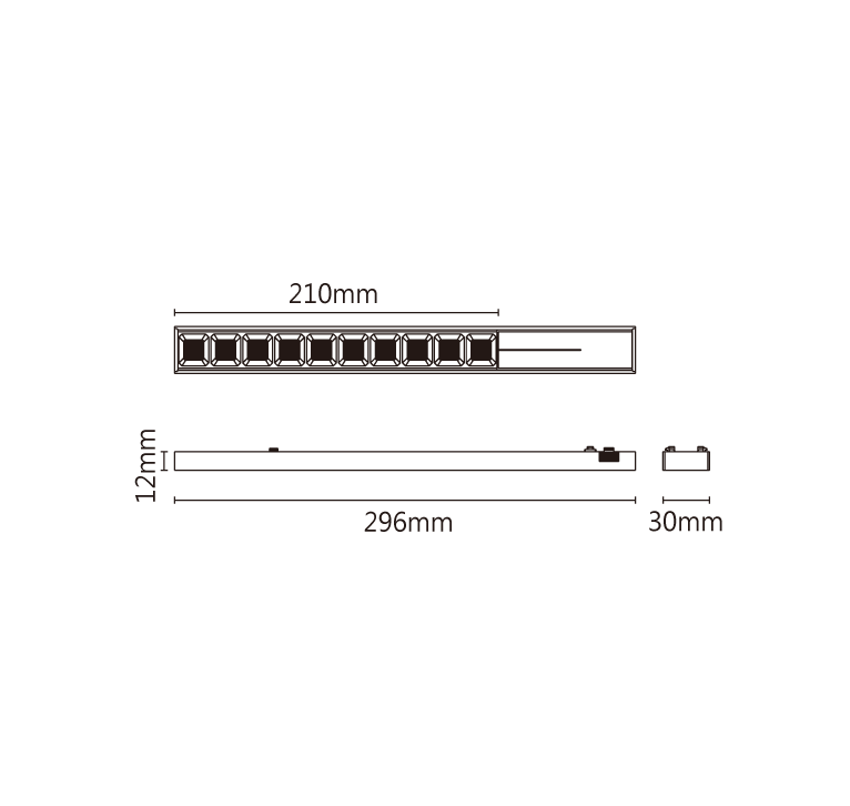拉斐爾超薄磁吸投射排燈8W,自然光尺寸圖；長296*寬30*高12mm