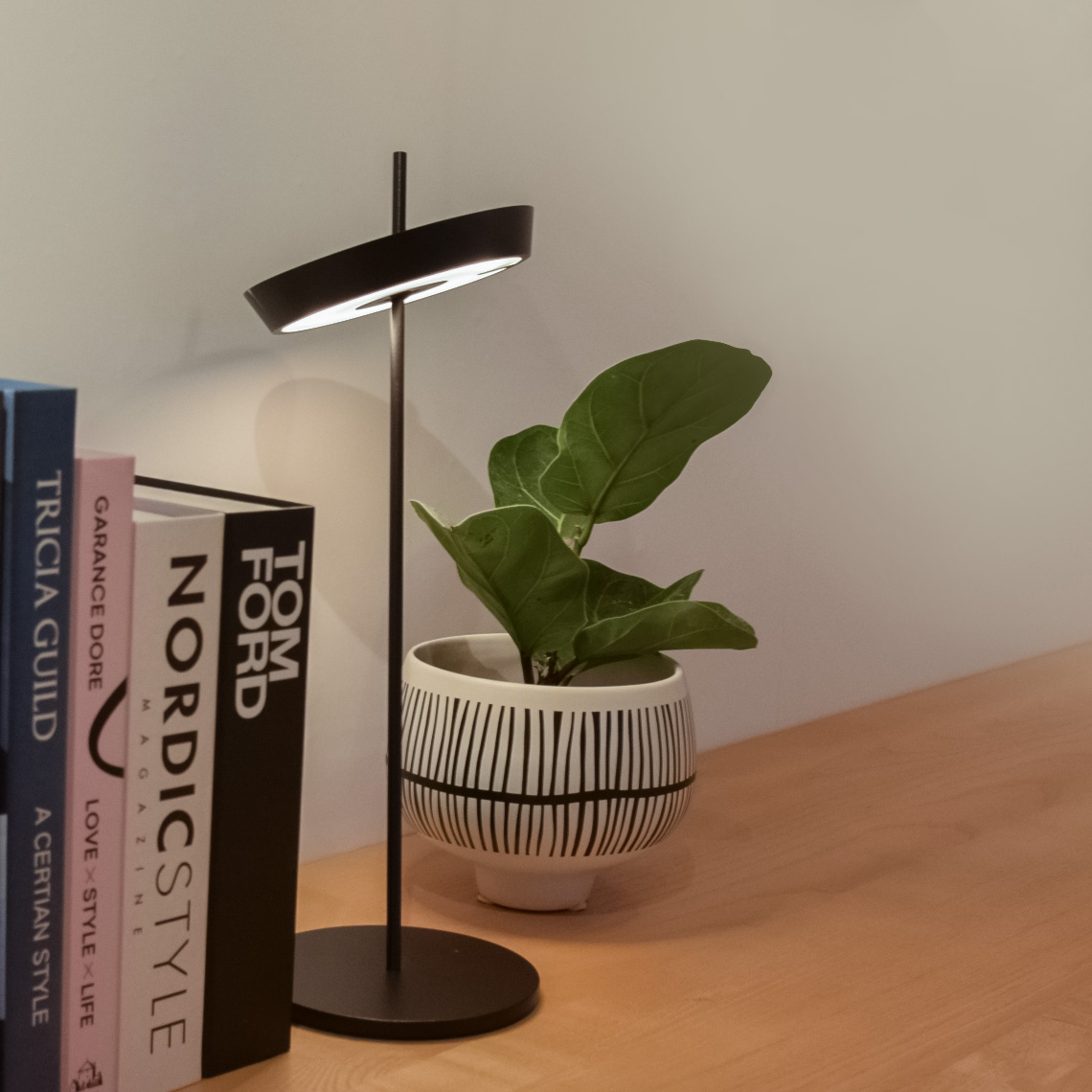 Torus Desk 深色款桌面情境；其他陳設不含在交付內容內。